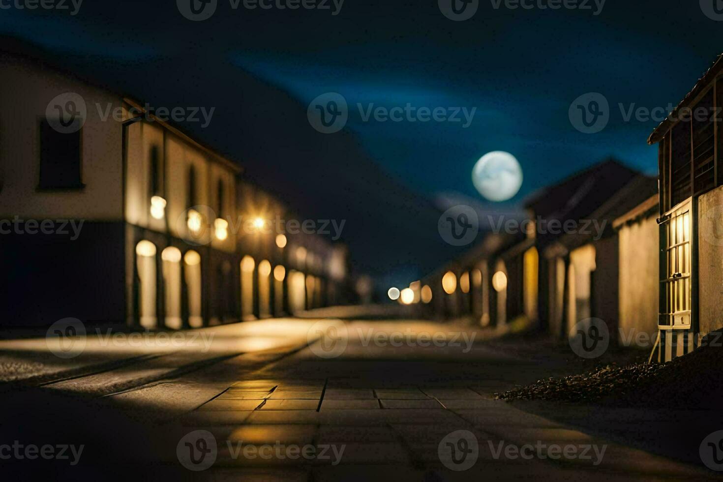 een straat Bij nacht met een vol maan in de lucht. ai-gegenereerd foto