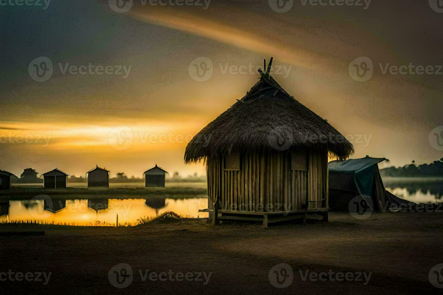 een hut zit Aan de kust van een meer Bij zonsopkomst. ai-gegenereerd foto