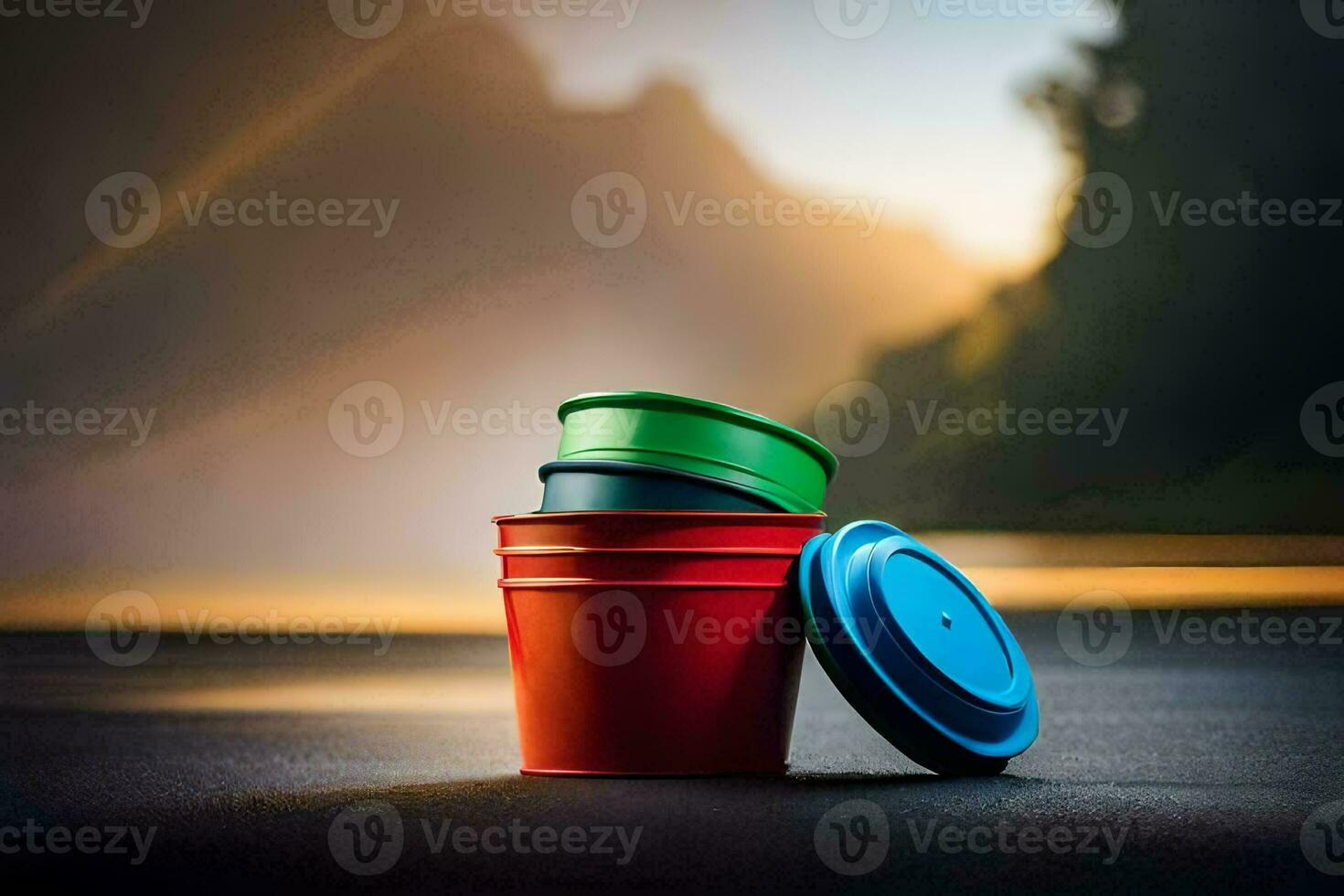 twee kleurrijk plastic cups zitten Aan de grond De volgende naar elk ander. ai-gegenereerd foto