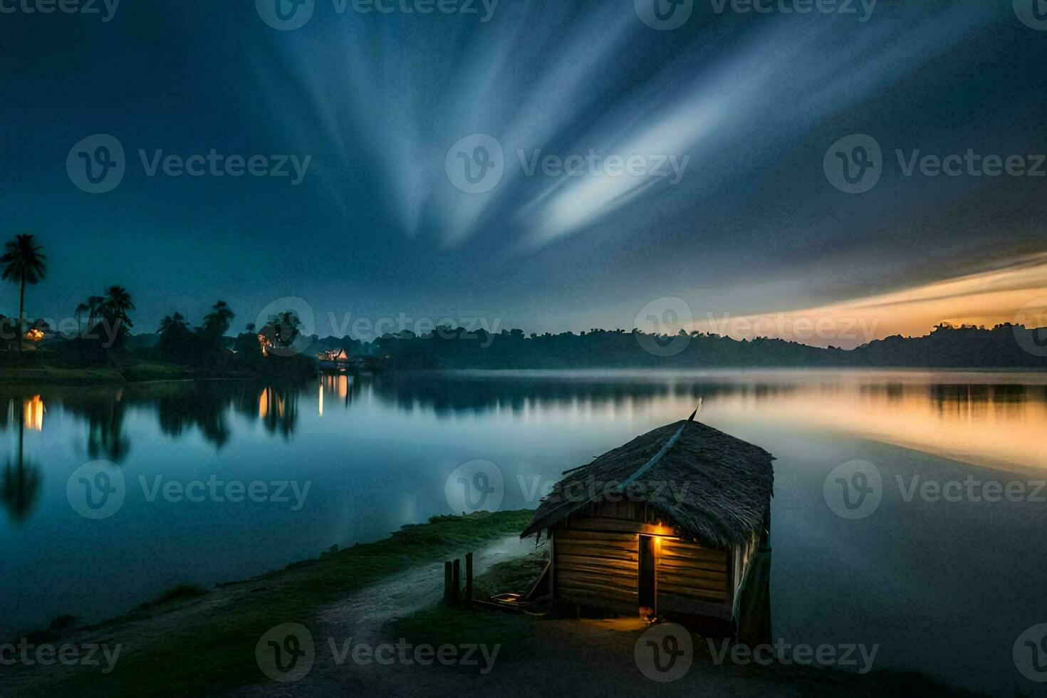 een klein houten hut zit Aan de kust van een meer Bij nacht. ai-gegenereerd foto