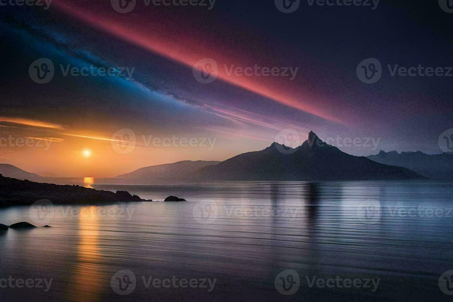 de zon stijgt over- een berg reeks en een meer. ai-gegenereerd foto