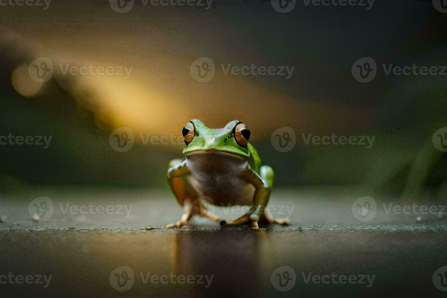 een kikker zittend Aan de grond met een wazig achtergrond. ai-gegenereerd foto