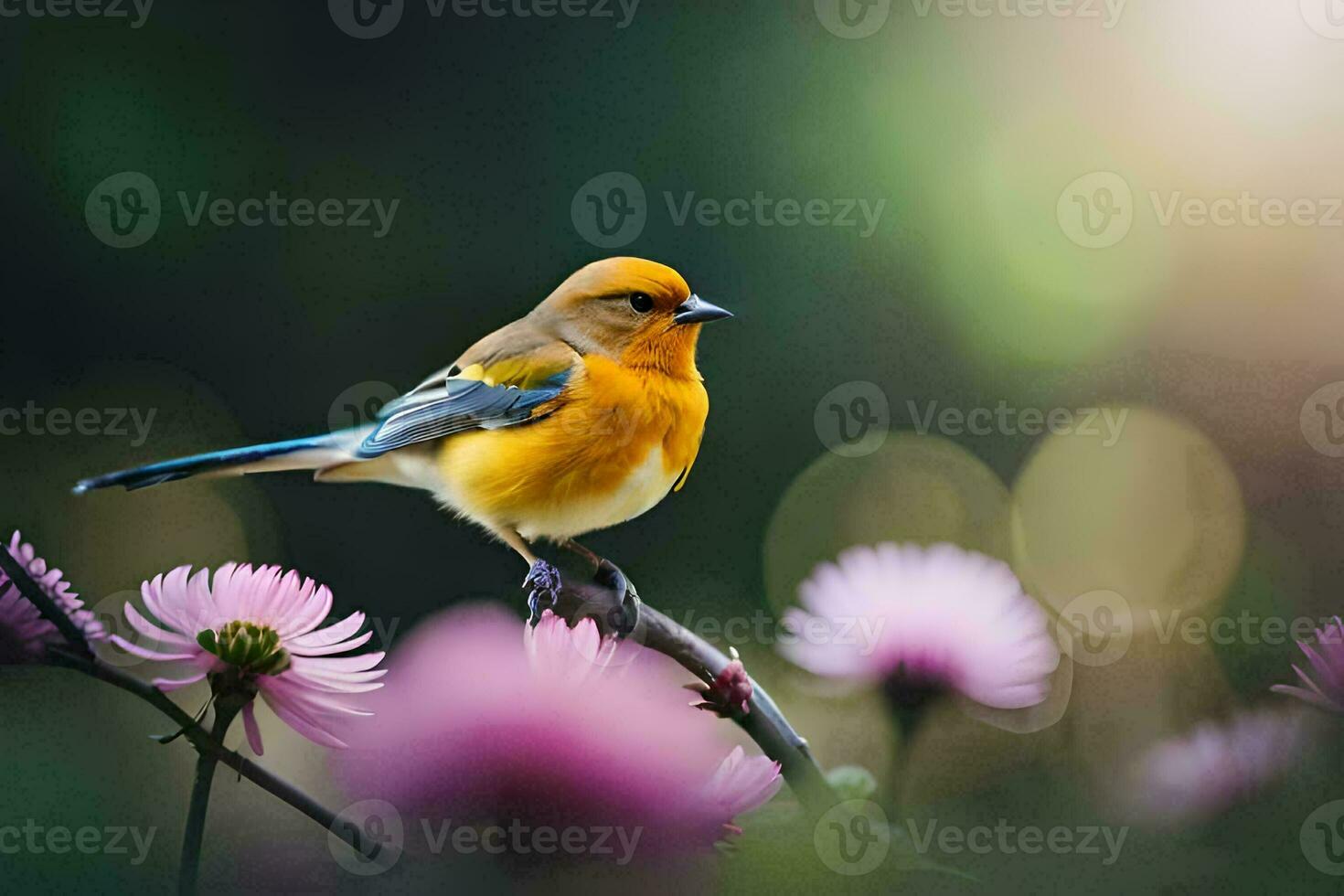 een klein vogel is neergestreken Aan een Afdeling met roze bloemen. ai-gegenereerd foto