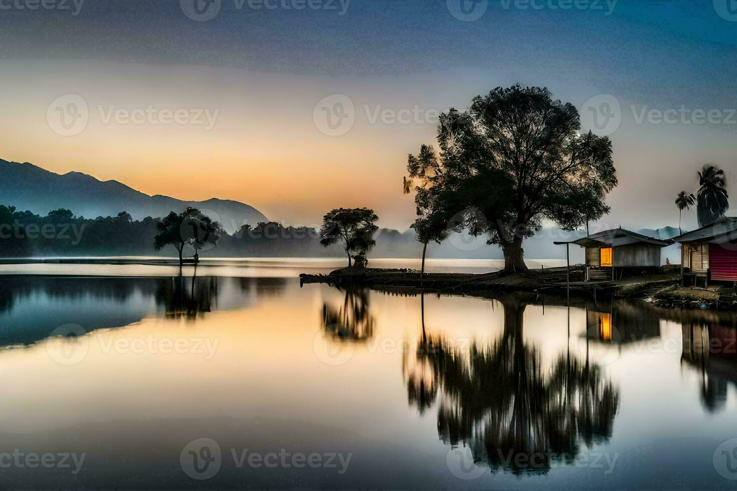 een meer met een huis en bomen Bij zonsondergang. ai-gegenereerd foto