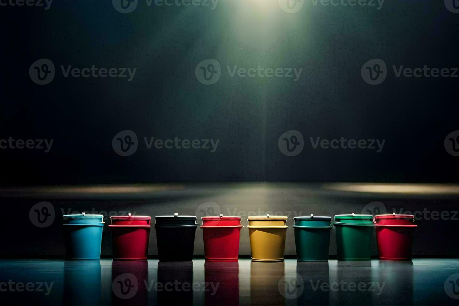 een rij van kleurrijk cups Aan een donker oppervlak. ai-gegenereerd foto