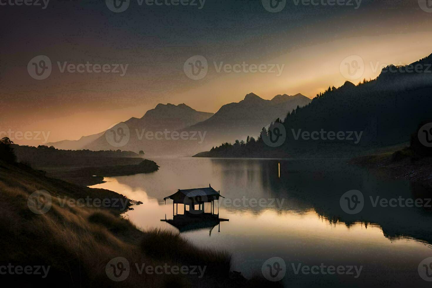 een meer met een klein huis in de midden- van een berg bereik. ai-gegenereerd foto