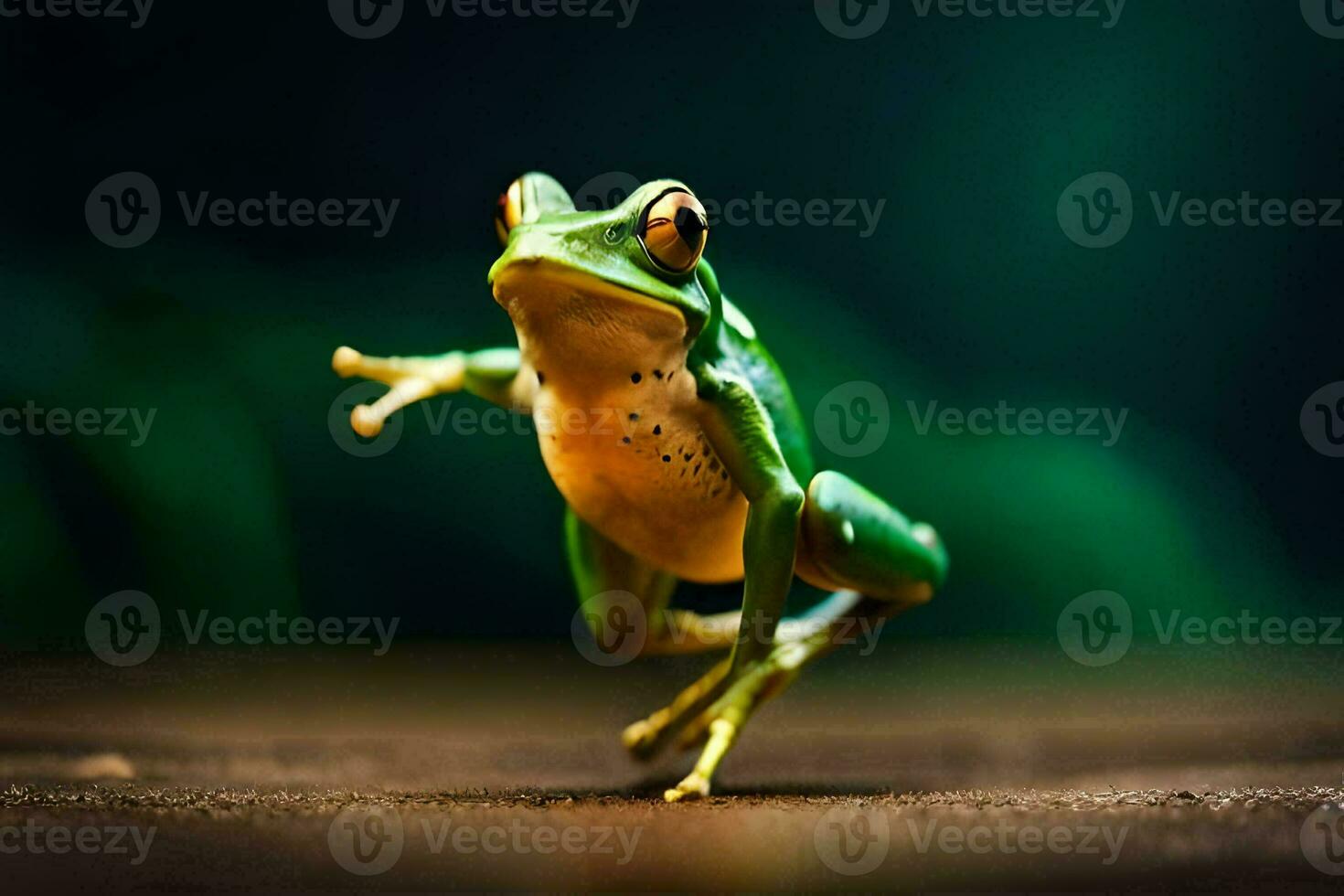 een kikker jumping Aan een houten oppervlak. ai-gegenereerd foto