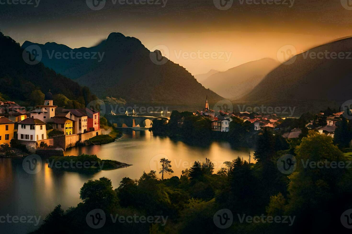 foto behang de lucht, bergen, rivier, dorp, zonsondergang, meer, bergen, rivier,. ai-gegenereerd