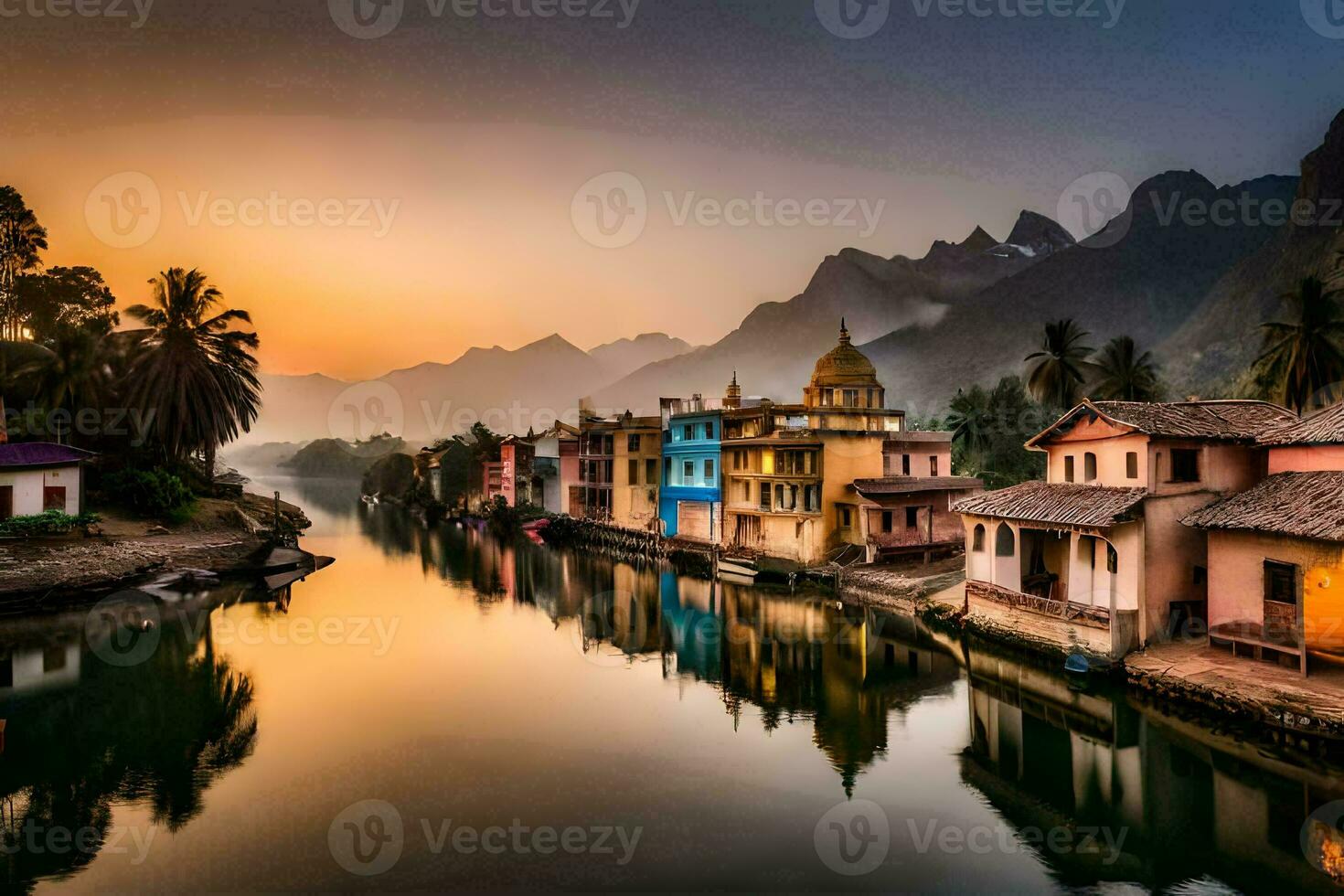 een rivier- in de midden- van een stad- Bij zonsondergang. ai-gegenereerd foto