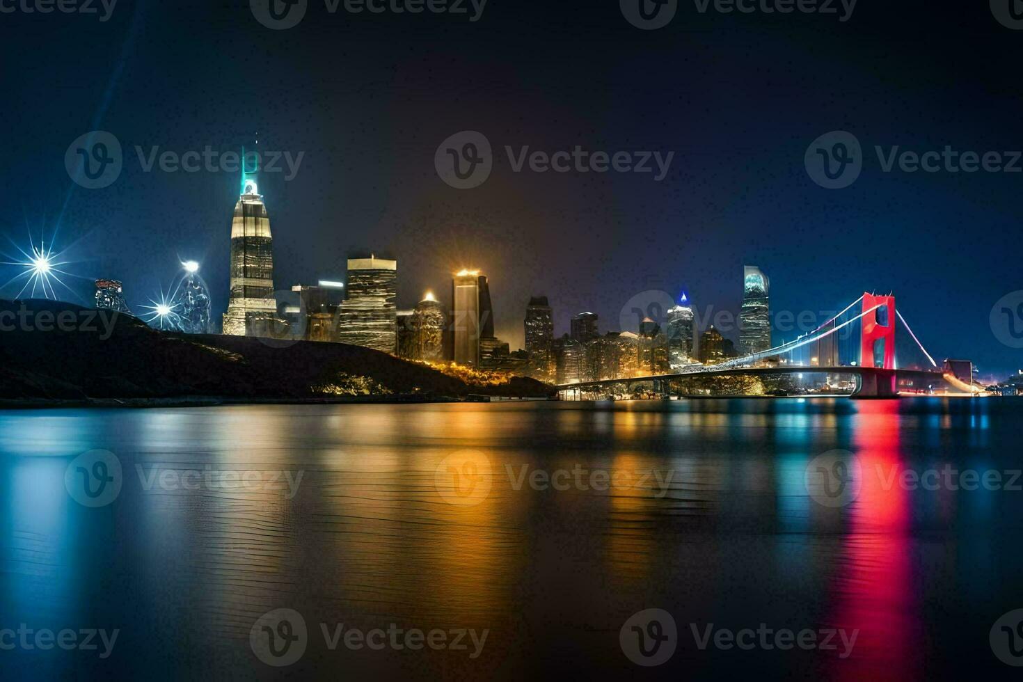 de stad horizon Bij nacht met de baai brug in de voorgrond. ai-gegenereerd foto
