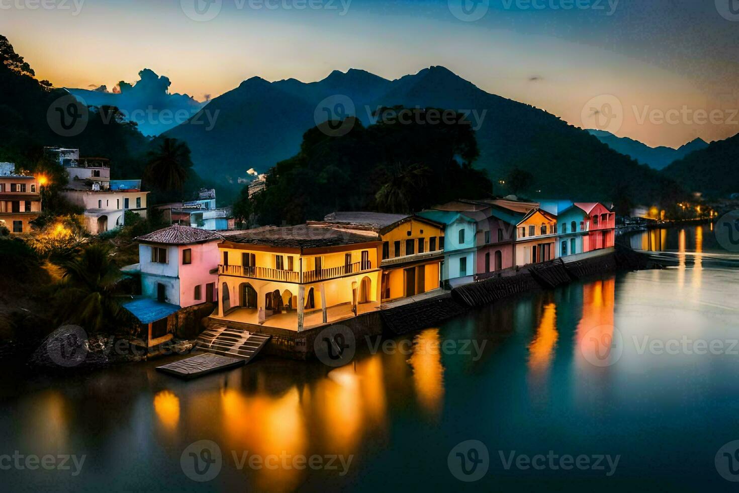 een rivier- in de bergen met huizen lit omhoog Bij nacht. ai-gegenereerd foto