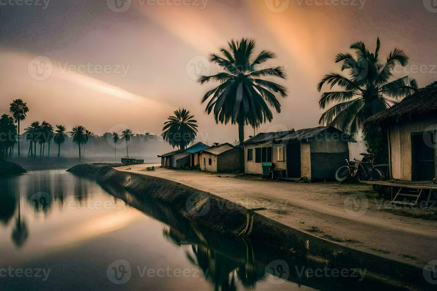 een rivier- met huizen en palm bomen in de achtergrond. ai-gegenereerd foto