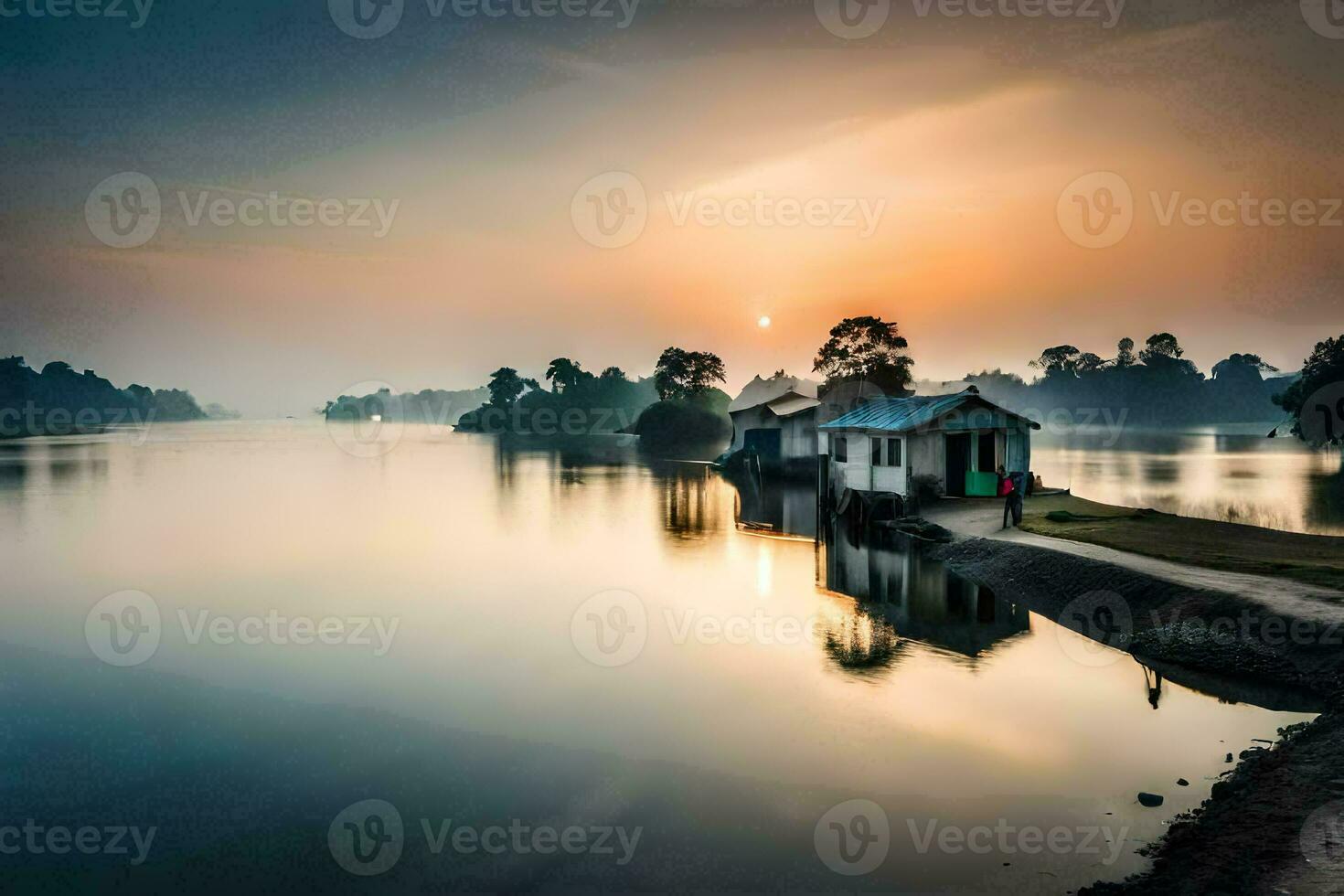 een huis Aan de rivier- Bij zonsondergang. ai-gegenereerd foto