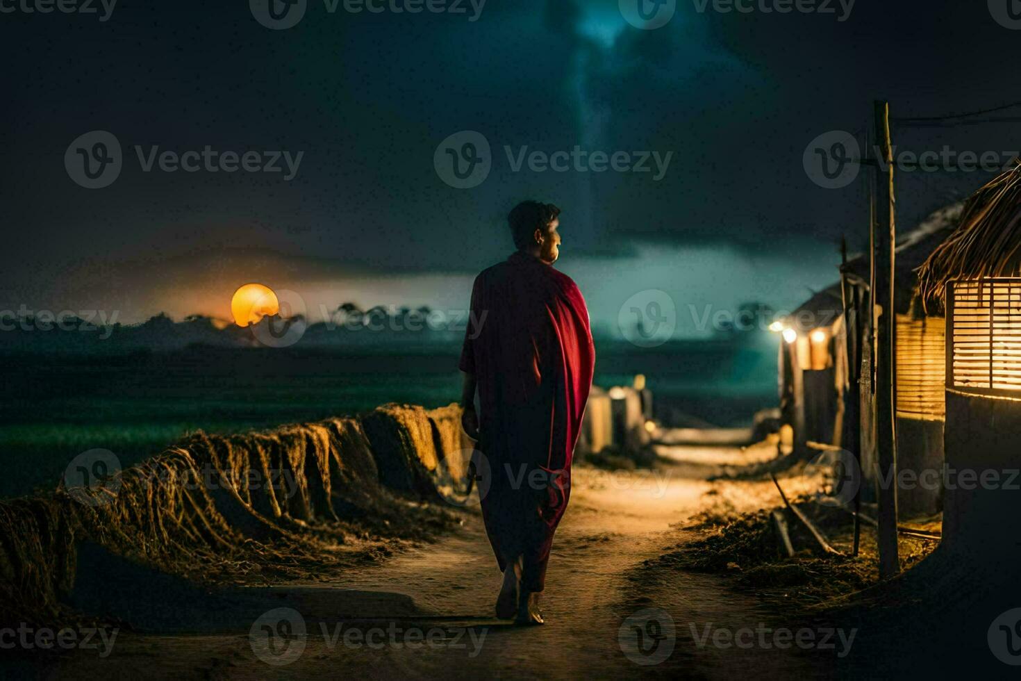 een Mens wandelingen naar beneden een aarde weg Bij nacht met een vol maan in de achtergrond. ai-gegenereerd foto