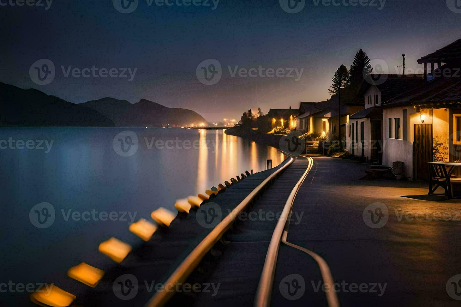 een lang blootstelling fotograaf van een trein bijhouden en huizen Aan de water. ai-gegenereerd foto