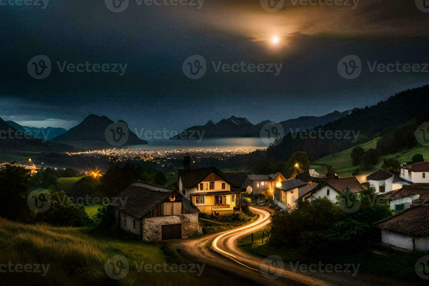 foto behang de lucht, bergen, weg, de maan, de dorp, de maan, de. ai-gegenereerd