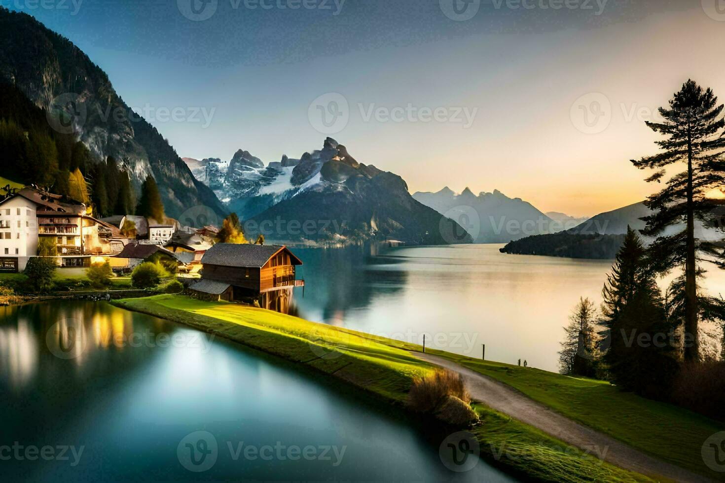 een meer en berg dorp in de Zwitsers Alpen. ai-gegenereerd foto