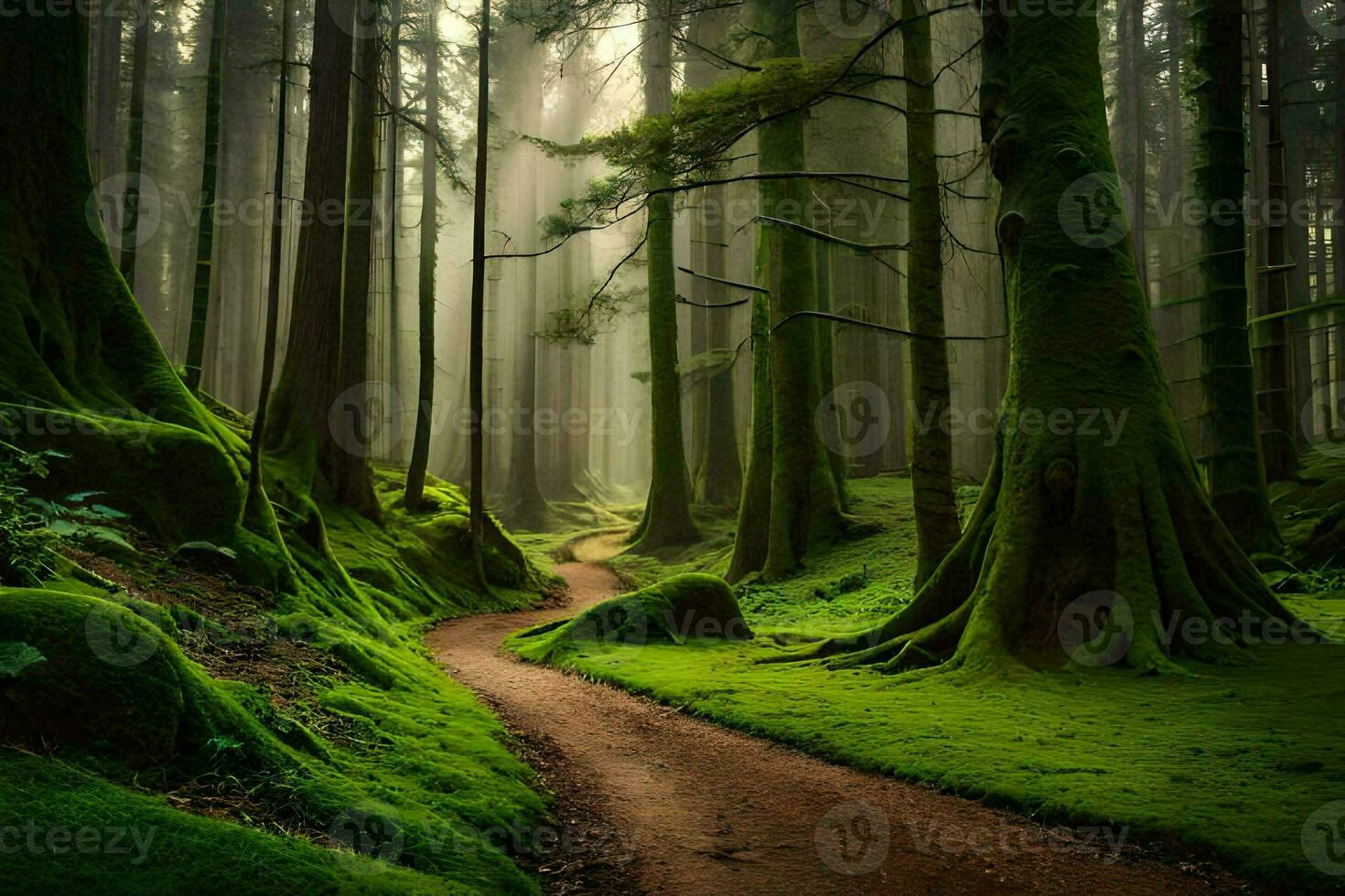 een pad door een groen Woud met bemost bomen. ai-gegenereerd foto