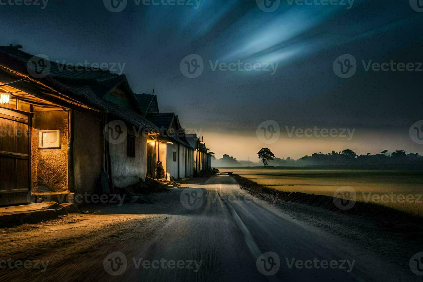 foto behang de lucht, nacht, de platteland, de dorp, de huis, de weg,. ai-gegenereerd