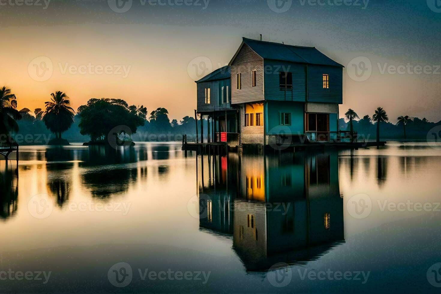 een huis Aan stelten in de midden- van een meer. ai-gegenereerd foto