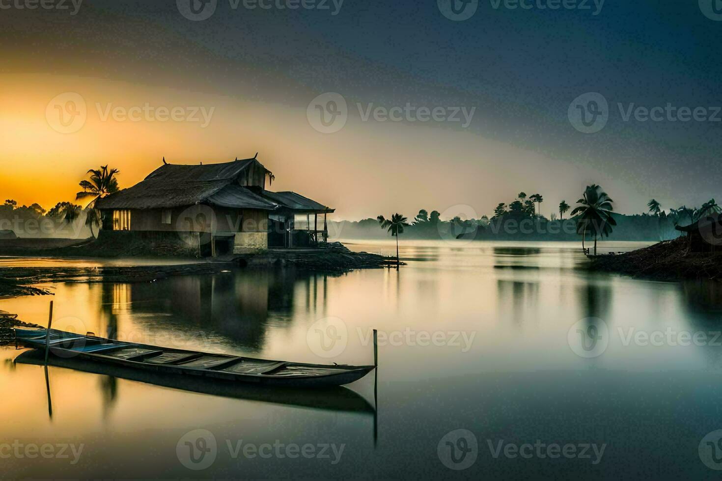 een boot zit Aan de water Bij zonsondergang. ai-gegenereerd foto