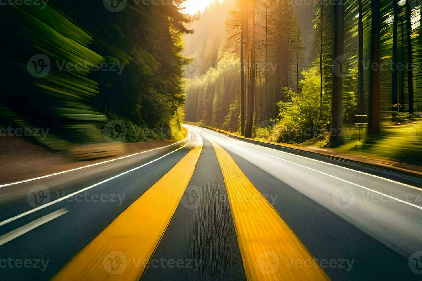 een weg in de bossen met geel lijnen. ai-gegenereerd foto