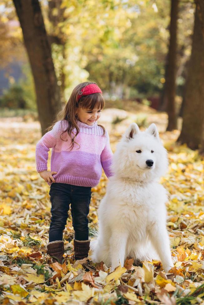 gelukkig klein meisje loopt met een witte Samojeed-hond in het herfstpark foto