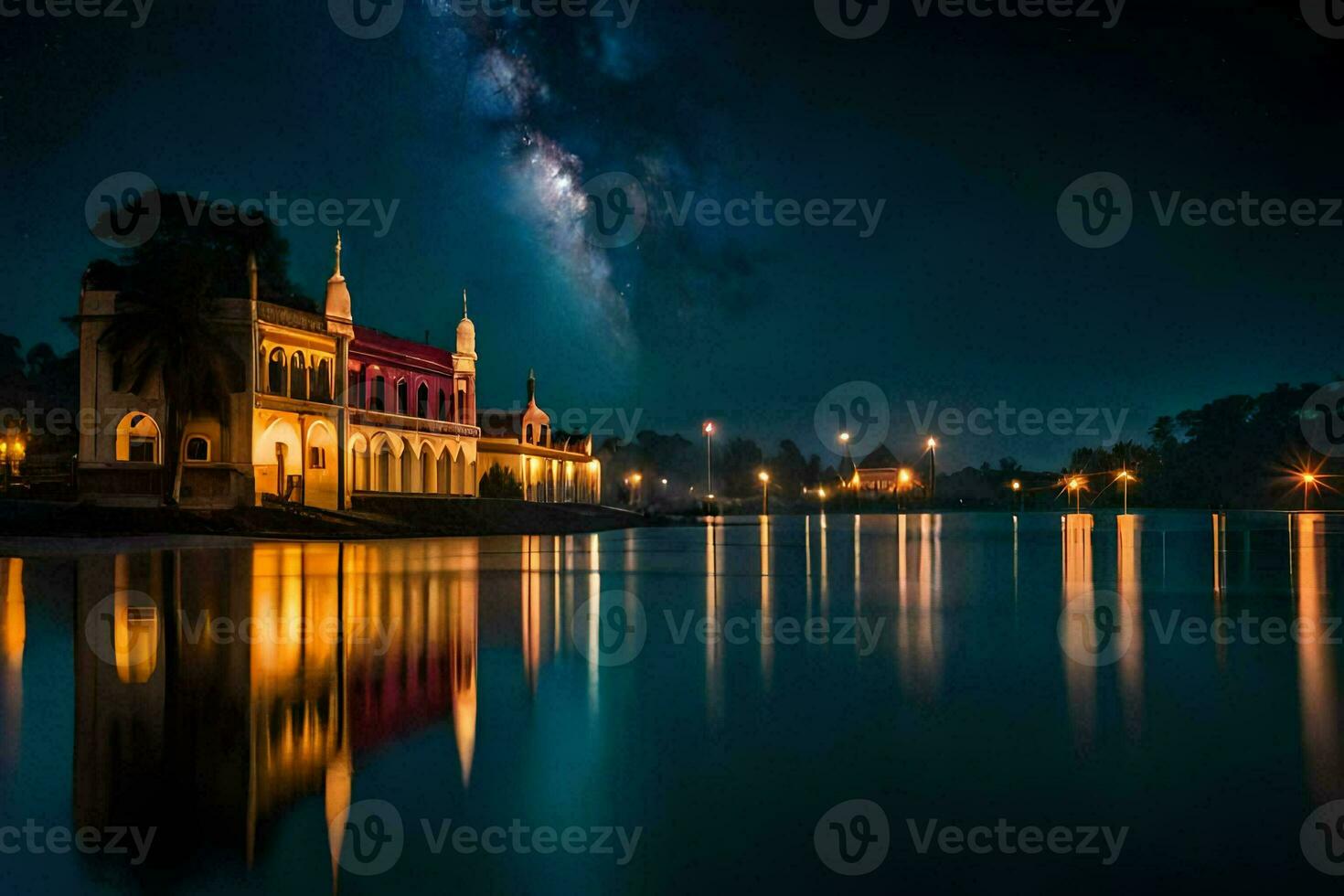 de melkachtig manier over- de meer Bij nacht. ai-gegenereerd foto