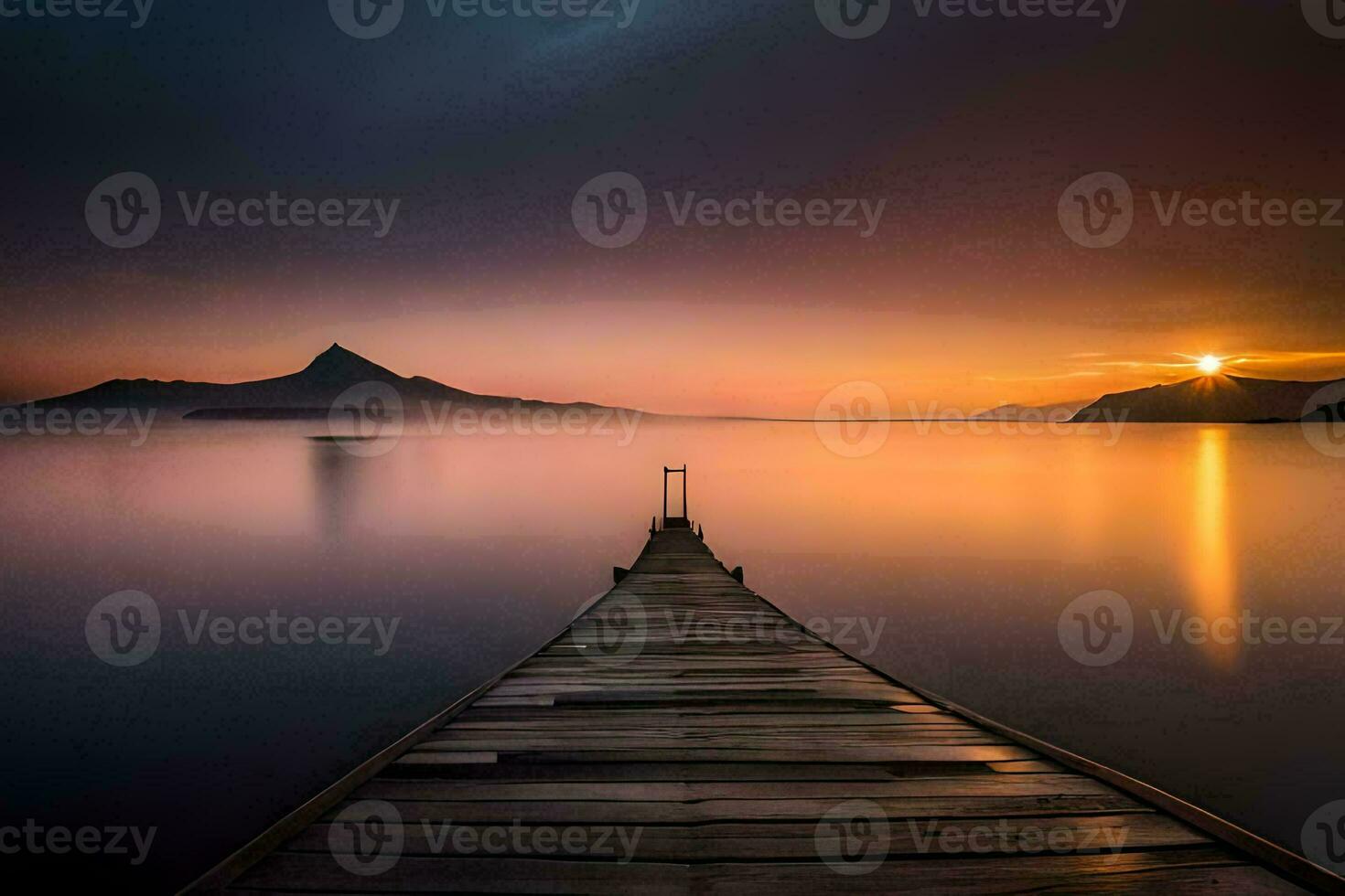een houten dok strekt zich uit uit in de water Bij zonsondergang. ai-gegenereerd foto