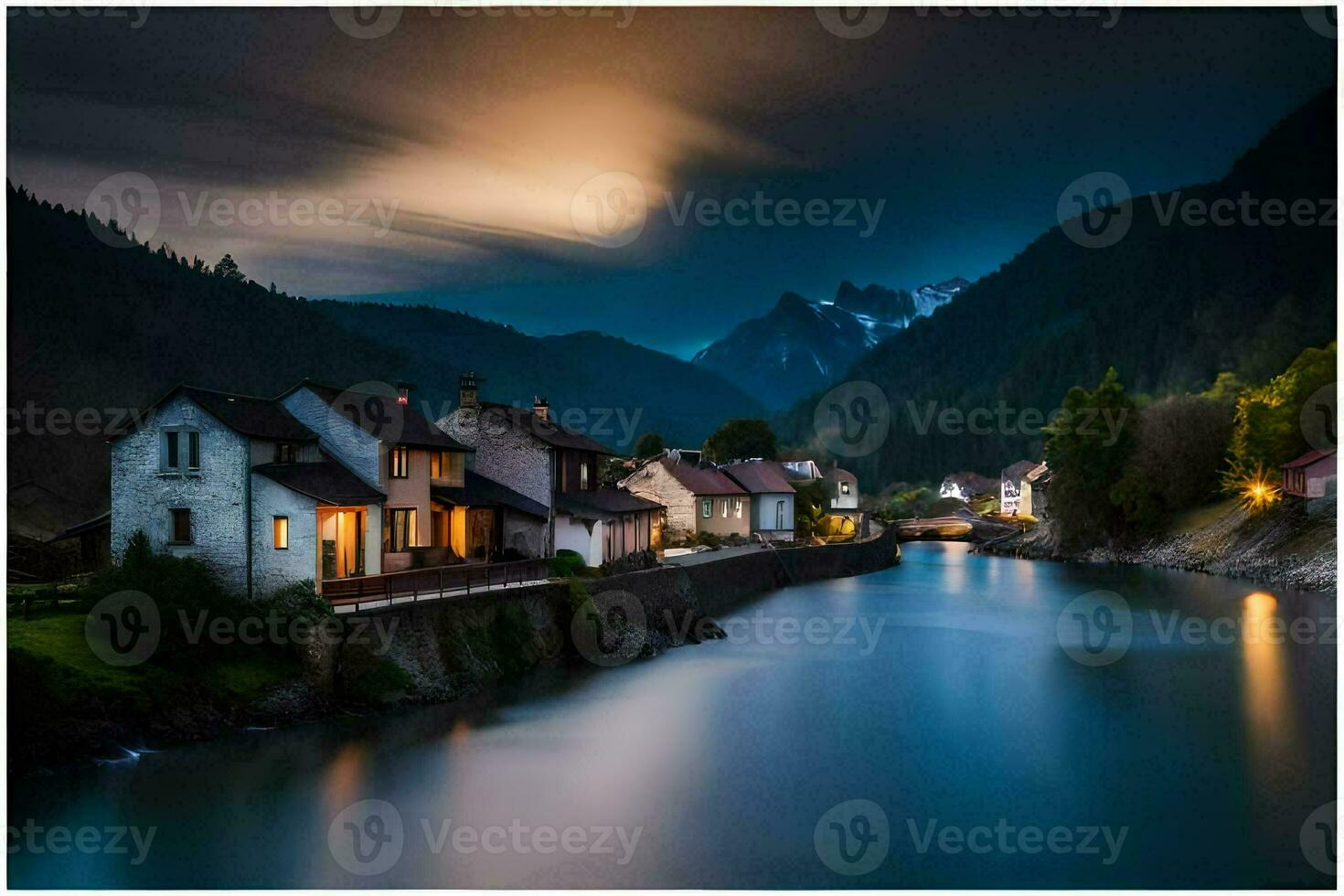 een rivier- in de bergen Bij nacht. ai-gegenereerd foto