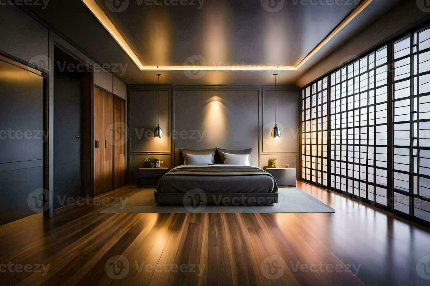 een slaapkamer met houten vloeren en donker muren. ai-gegenereerd foto