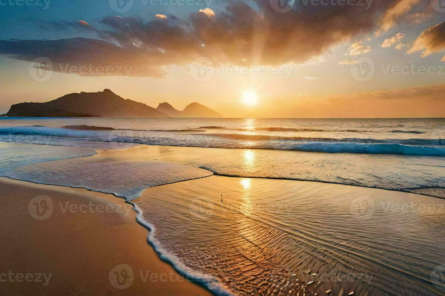 de zon is instelling over- de oceaan en de golven zijn het wassen over- de zand. ai-gegenereerd foto