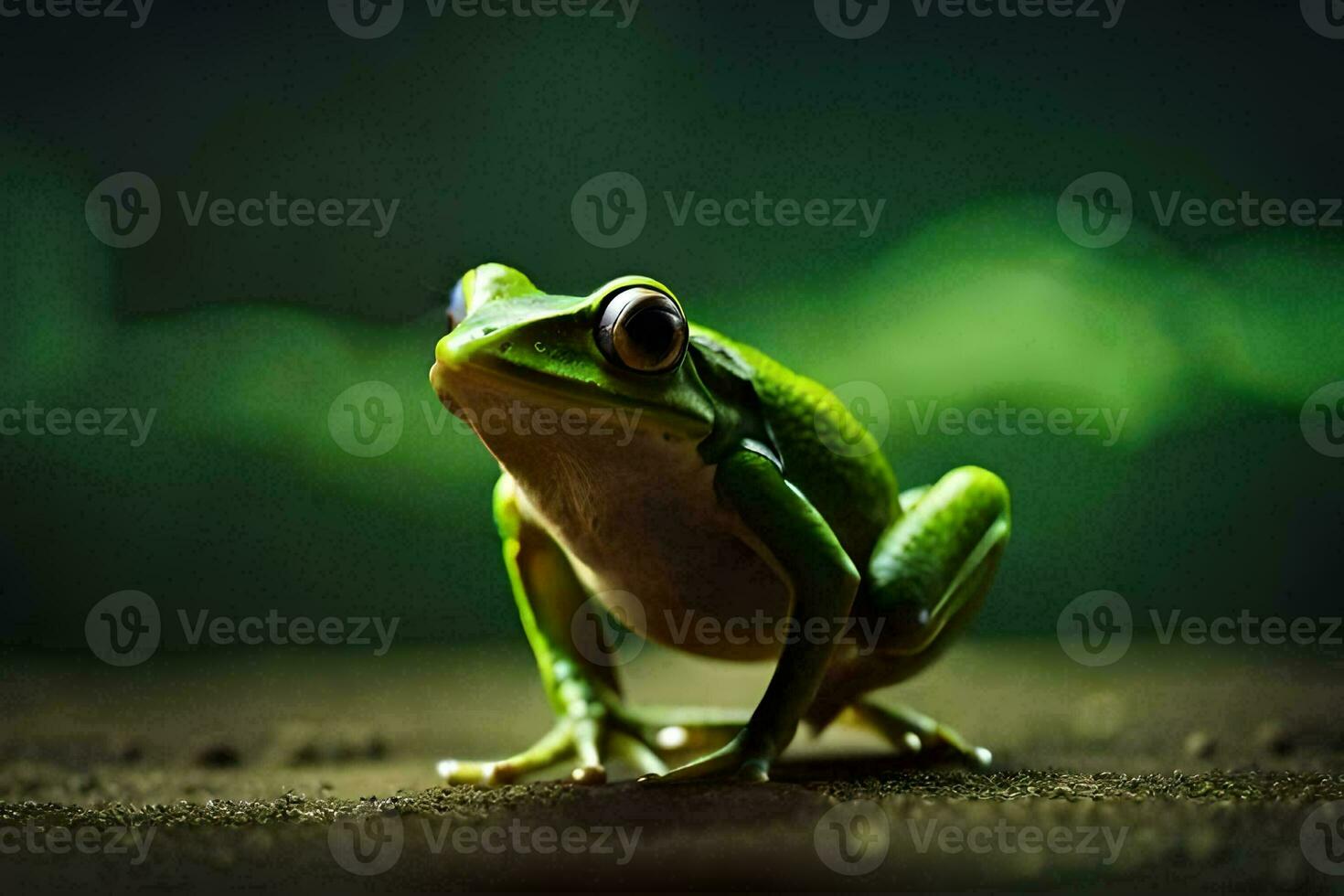 een kikker is staand Aan een donker oppervlak. ai-gegenereerd foto