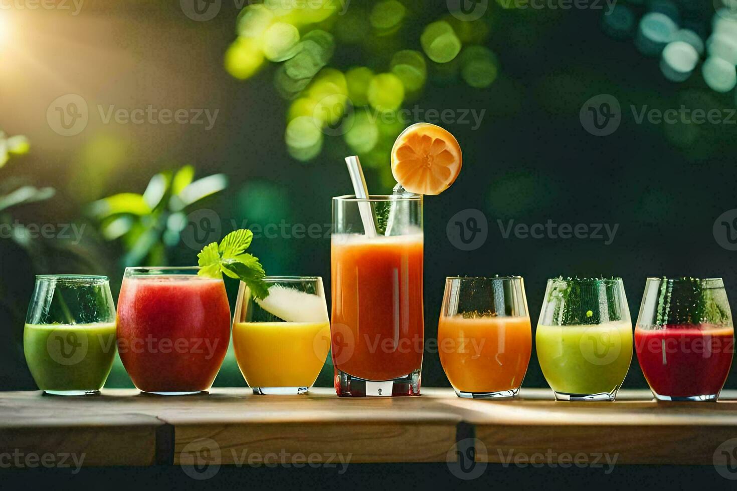 een groep van verschillend sappen en drankjes Aan een tafel. ai-gegenereerd foto