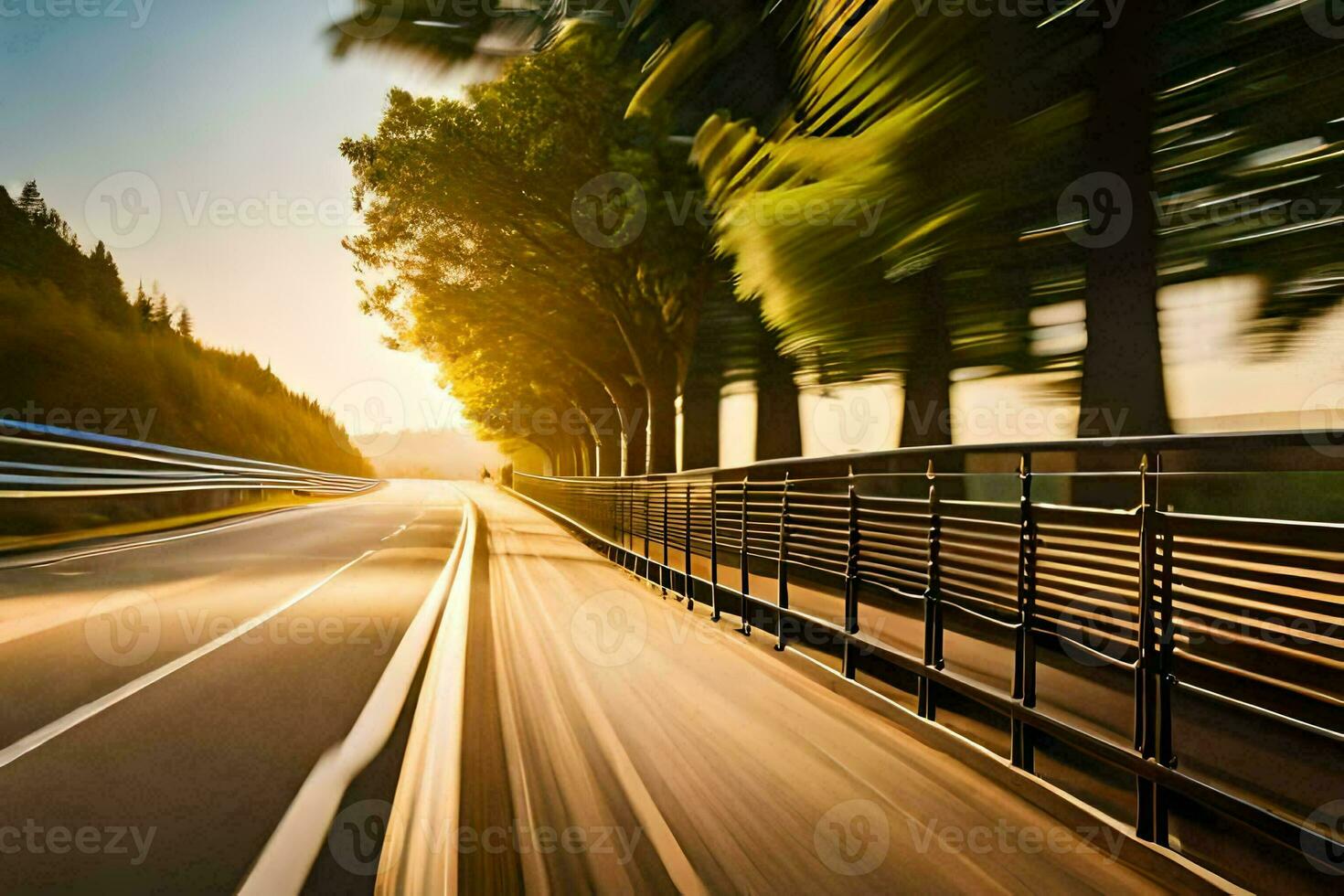 een auto het rijden Aan een snelweg Bij zonsondergang. ai-gegenereerd foto