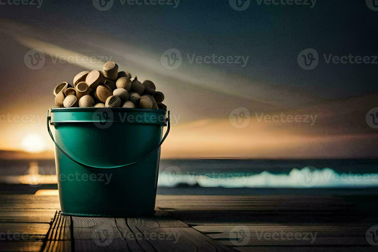 een emmer van noten Aan een houten tafel. ai-gegenereerd foto