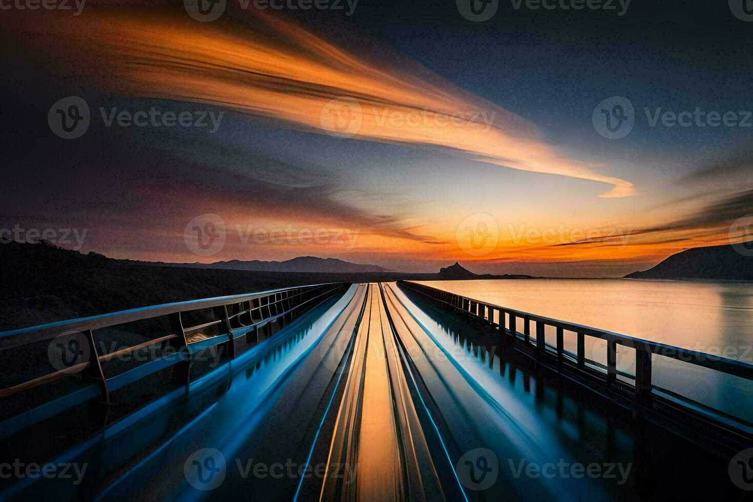 een trein gaan over- een brug Bij zonsondergang. ai-gegenereerd foto