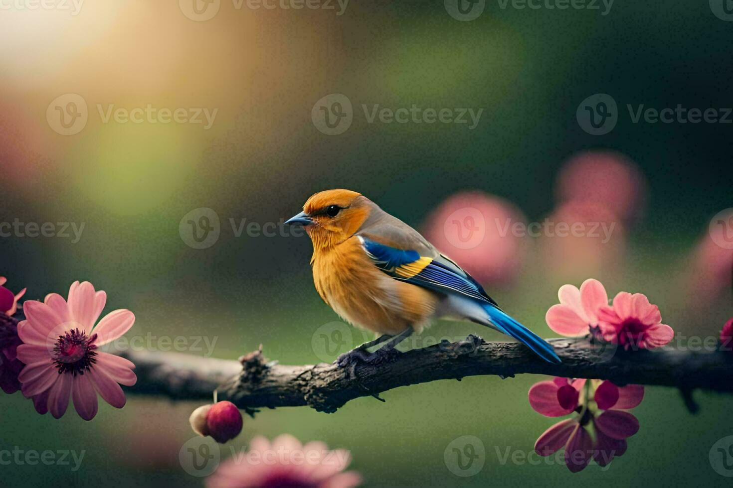 een blauw en geel vogel zit Aan een Afdeling met roze bloemen. ai-gegenereerd foto