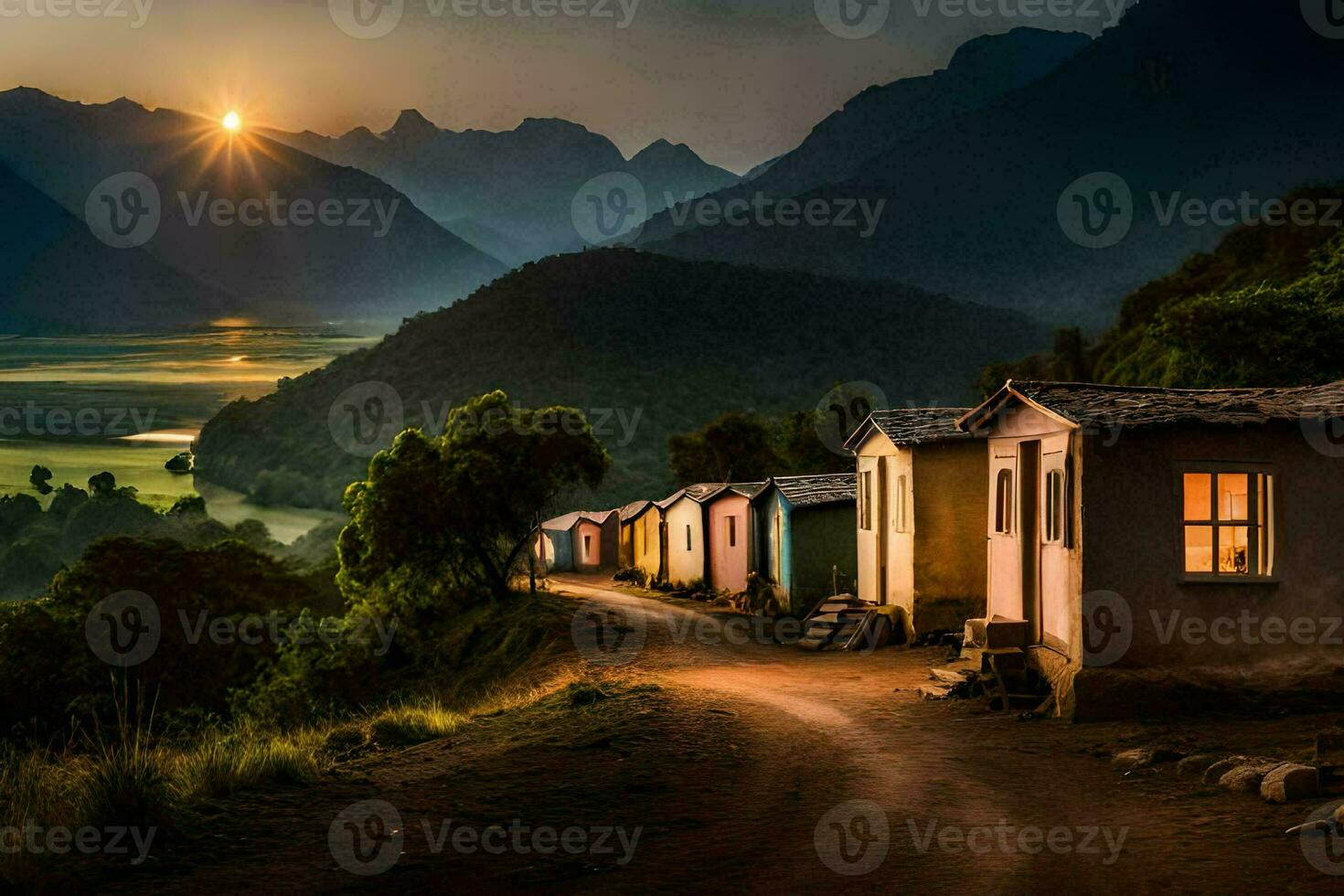 de zon sets over- een berg reeks met huizen Aan de kant. ai-gegenereerd foto