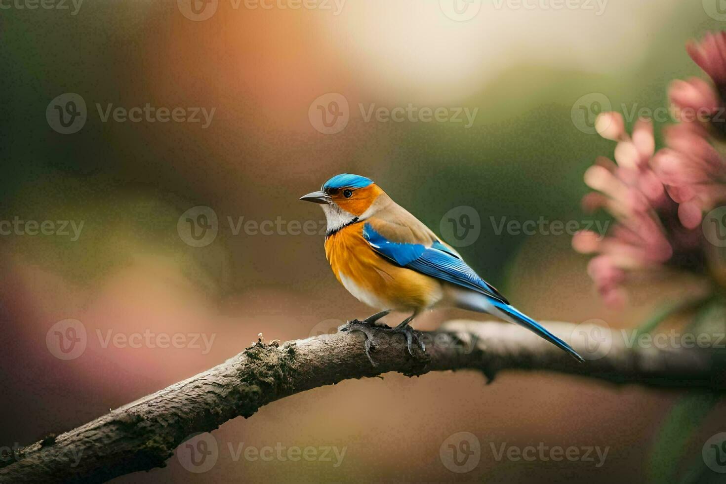 een blauw en oranje vogel zittend Aan een Afdeling. ai-gegenereerd foto