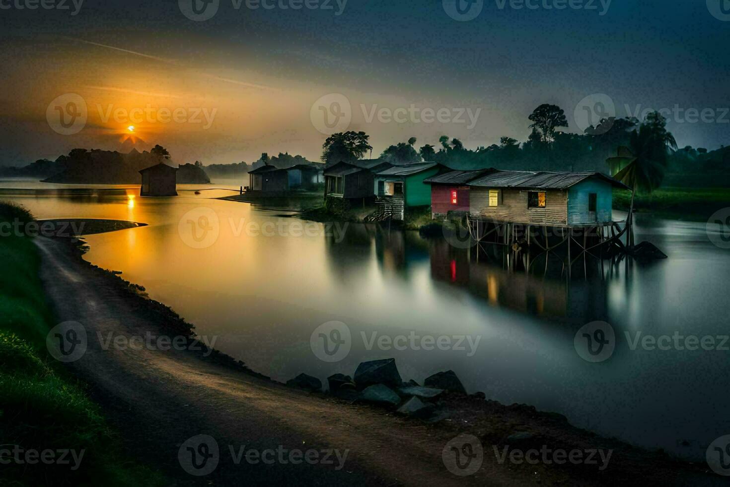 een rivier- met huizen Aan de kust Bij zonsondergang. ai-gegenereerd foto