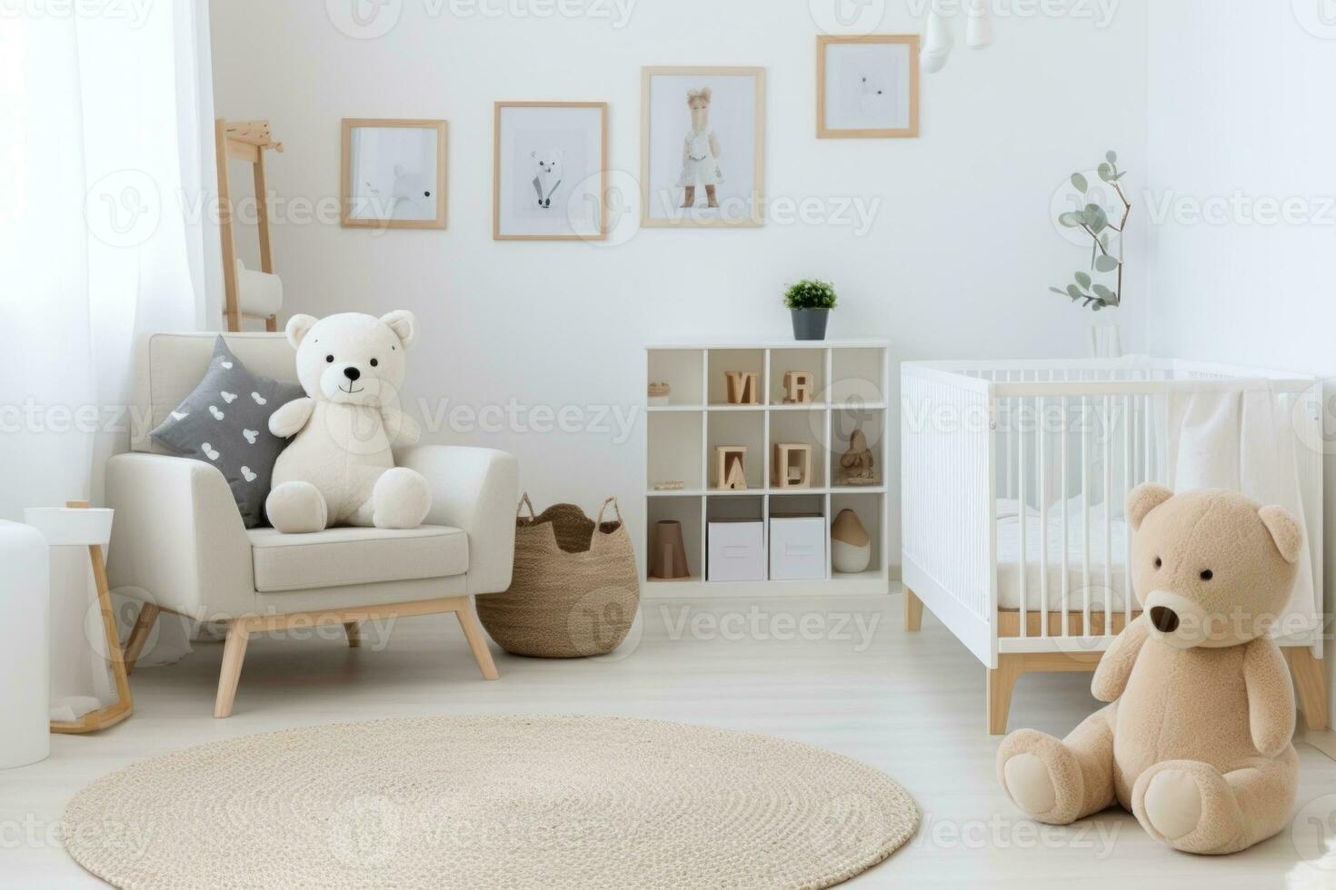 modern interieur van knus baby kamer met wieg en beddengoed. ai generatief foto