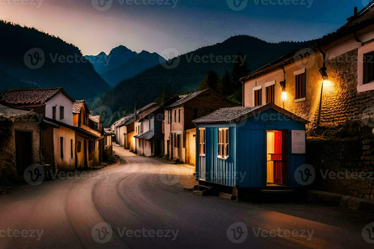 foto behang de lucht, bergen, weg, huis, de dorp, de bergen, de dorp. ai-gegenereerd