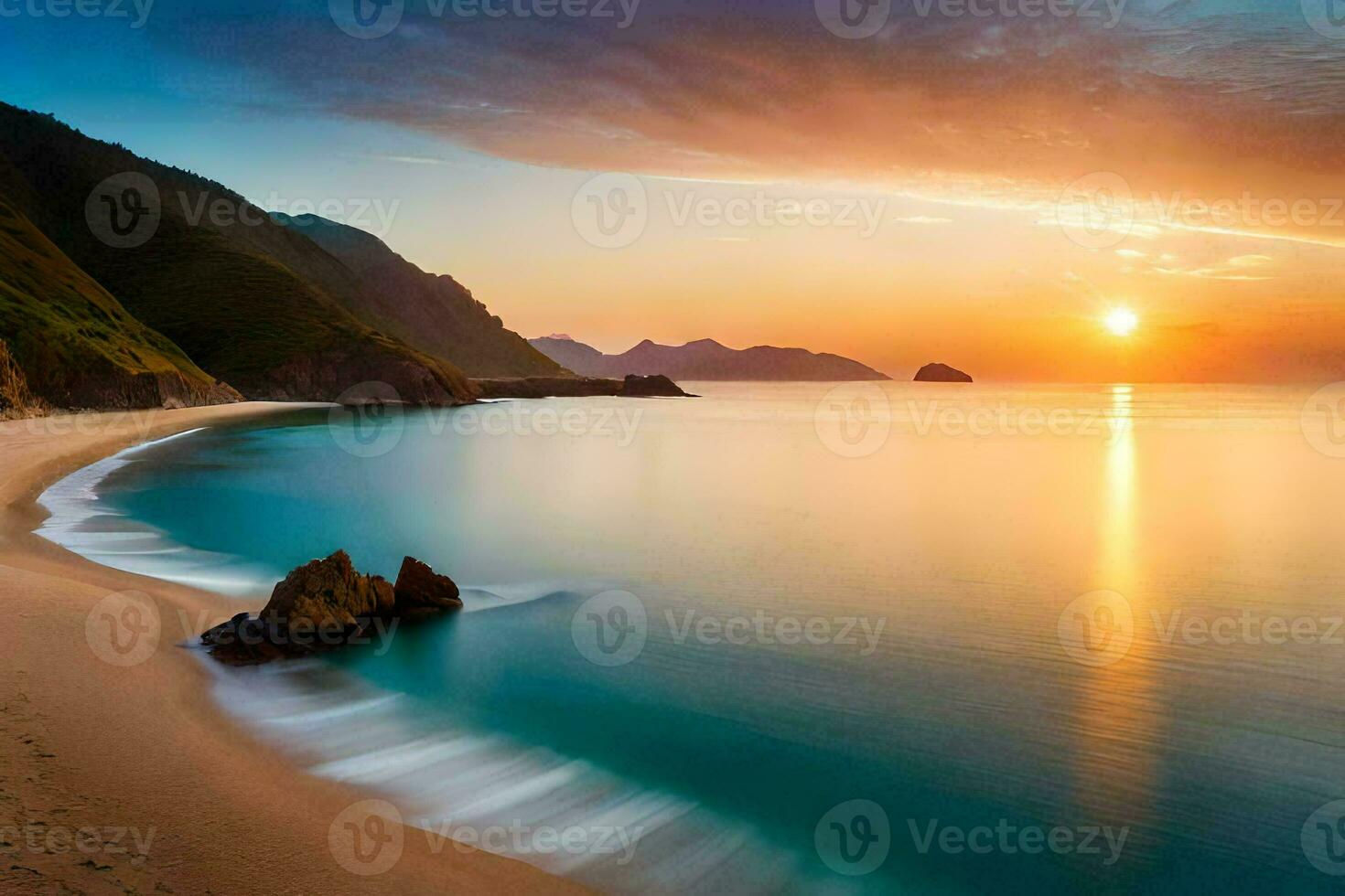 de zon sets over- een strand en bergen. ai-gegenereerd foto