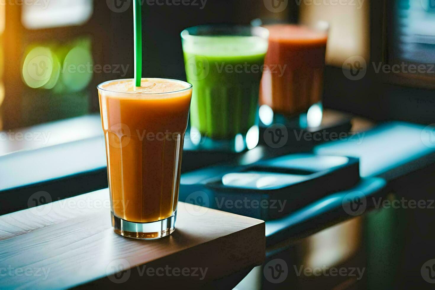 drie verschillend types van smoothies zitten Aan een tafel. ai-gegenereerd foto