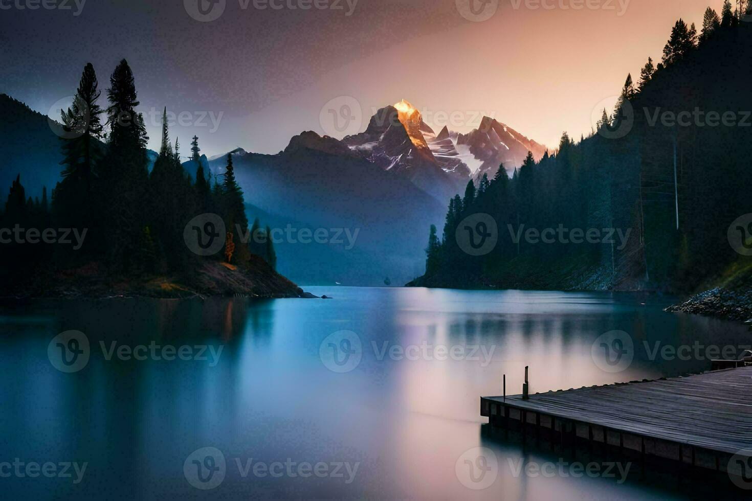 een meer en dok in voorkant van een berg. ai-gegenereerd foto