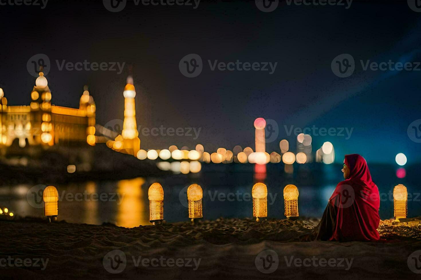 een vrouw in een rood mantel zit Aan de strand Bij nacht. ai-gegenereerd foto