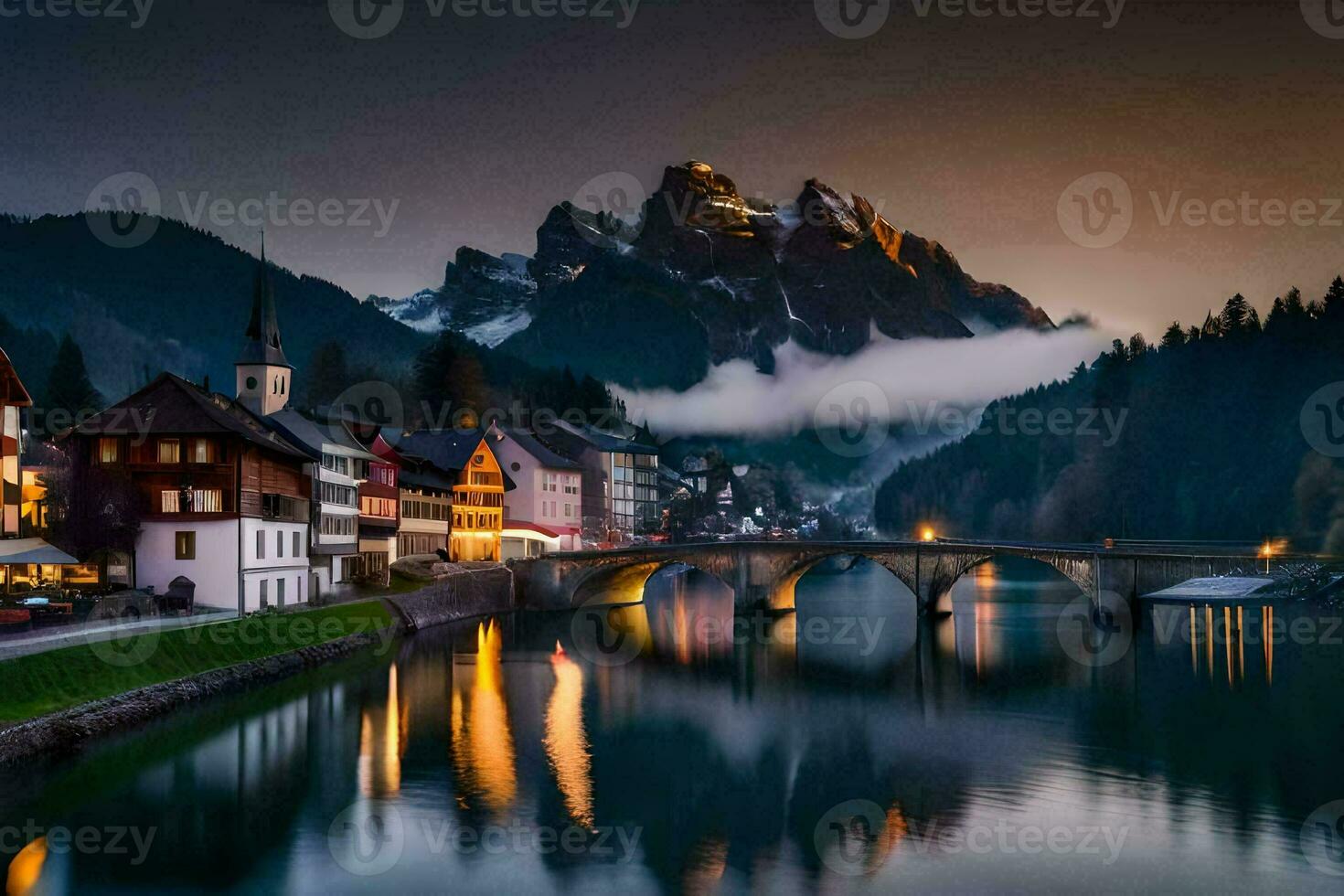 de stad- van Altenburg in de Alpen Bij schemering. ai-gegenereerd foto