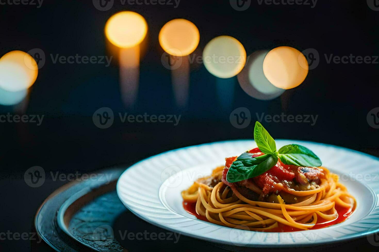 spaghetti met tomaat saus en basilicum bladeren Aan een bord. ai-gegenereerd foto