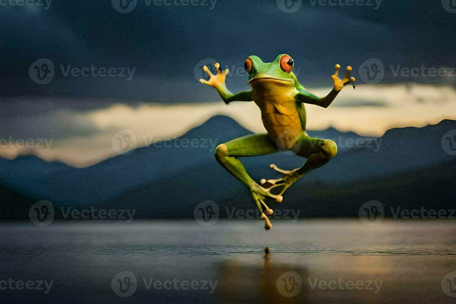 een kikker jumping in de lucht met haar poten verspreiding. ai-gegenereerd foto